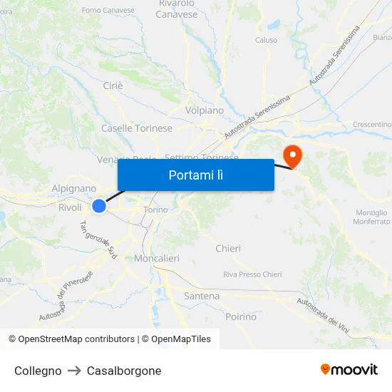 Collegno to Casalborgone map