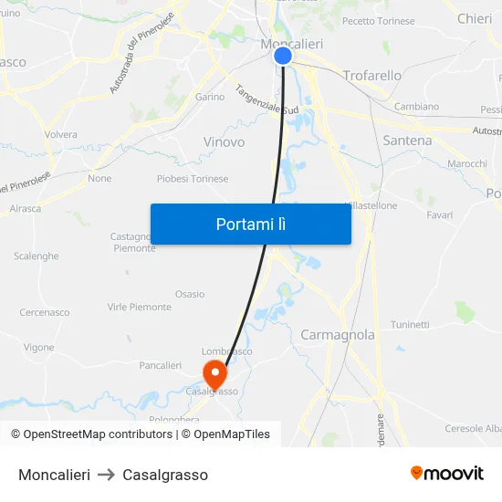 Moncalieri to Casalgrasso map