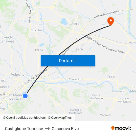 Castiglione Torinese to Casanova Elvo map