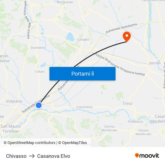 Chivasso to Casanova Elvo map