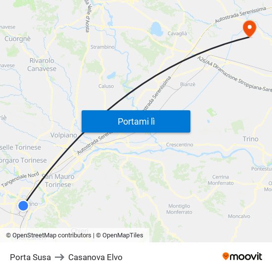 Porta Susa to Casanova Elvo map