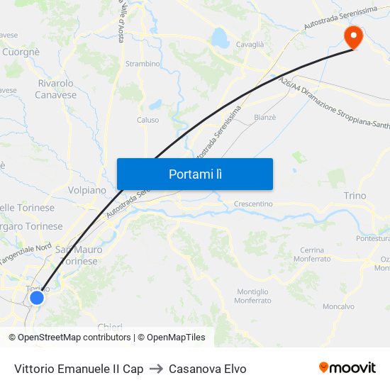 Vittorio Emanuele II Cap to Casanova Elvo map