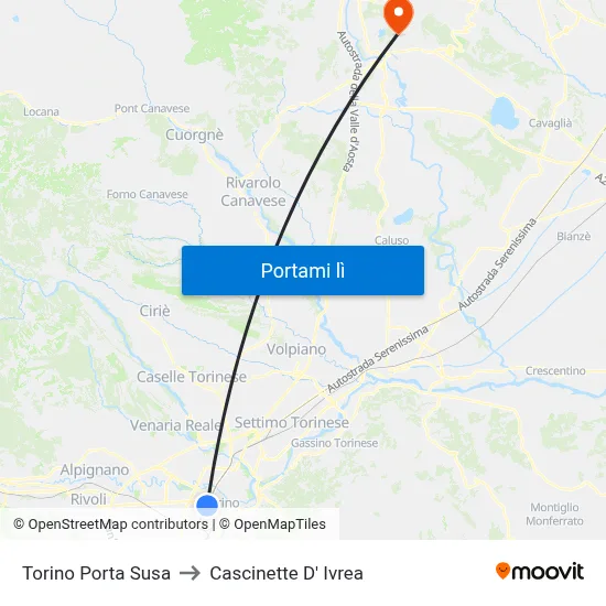 Torino Porta Susa to Cascinette D' Ivrea map