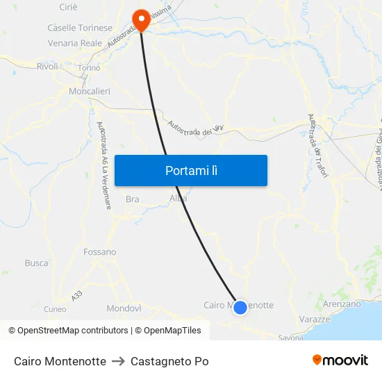 Cairo Montenotte to Castagneto Po map