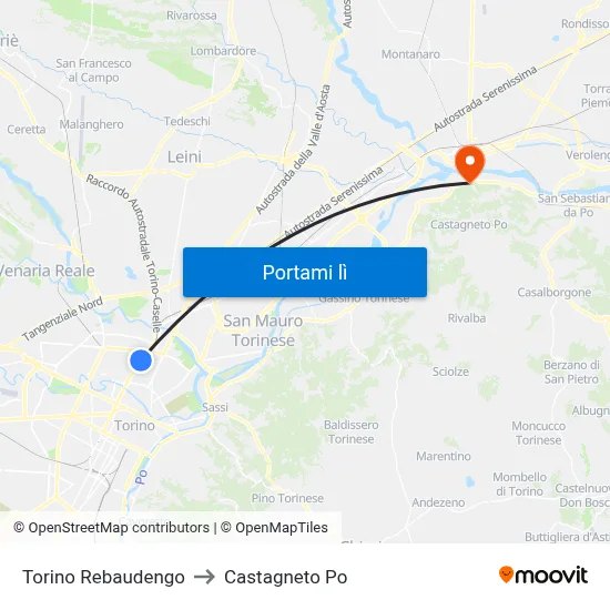Torino Rebaudengo to Castagneto Po map