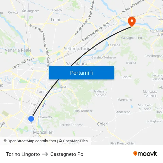 Torino Lingotto to Castagneto Po map