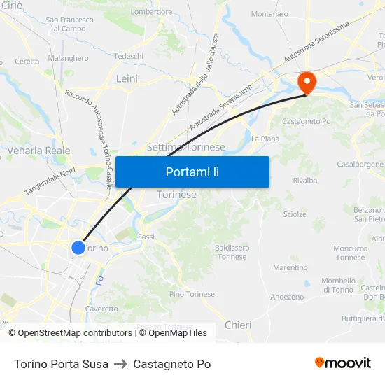 Torino Porta Susa to Castagneto Po map