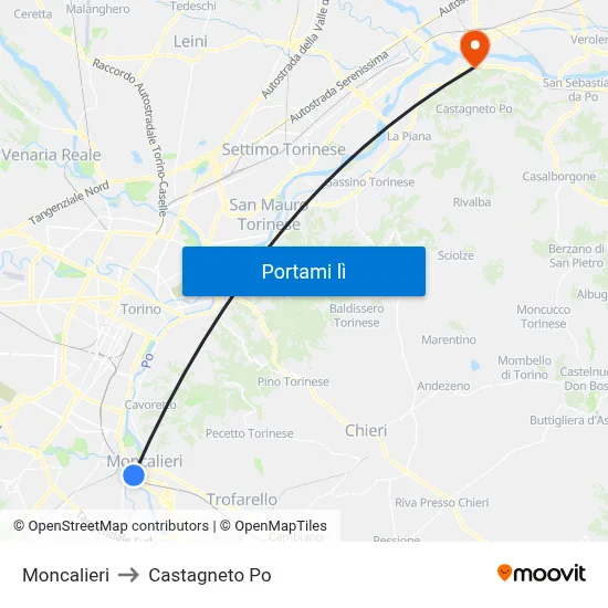 Moncalieri to Castagneto Po map