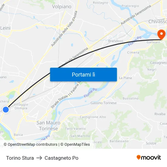 Torino Stura to Castagneto Po map