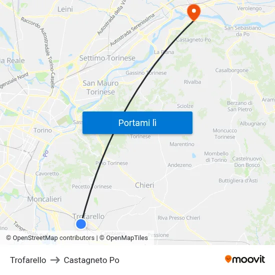 Trofarello to Castagneto Po map