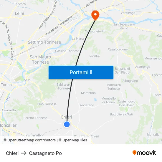 Chieri to Castagneto Po map