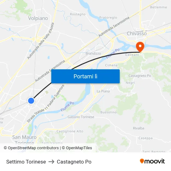 Settimo Torinese to Castagneto Po map