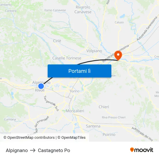 Alpignano to Castagneto Po map