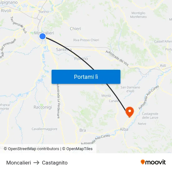 Moncalieri to Castagnito map