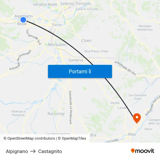 Alpignano to Castagnito map