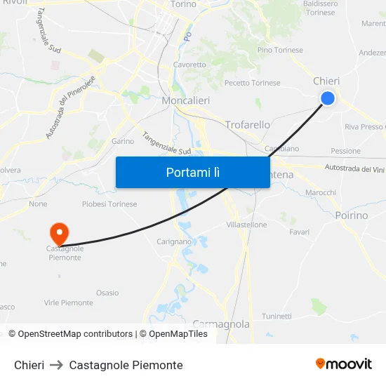 Chieri to Castagnole Piemonte map