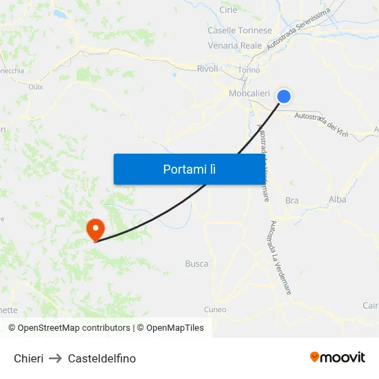 Chieri to Casteldelfino map