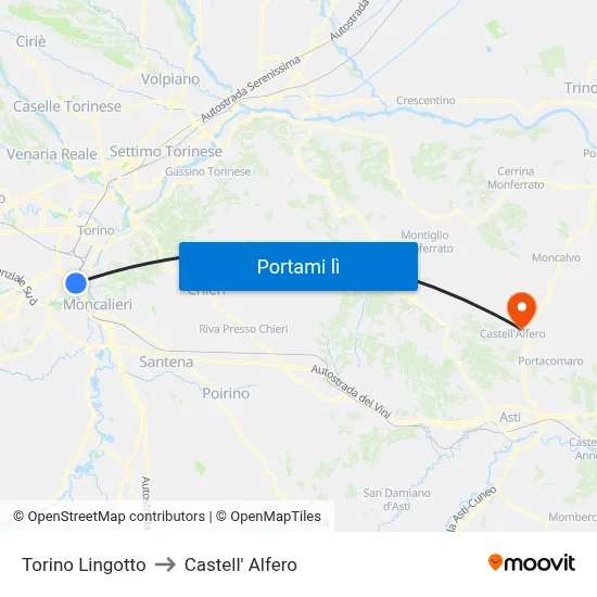 Torino Lingotto to Castell' Alfero map