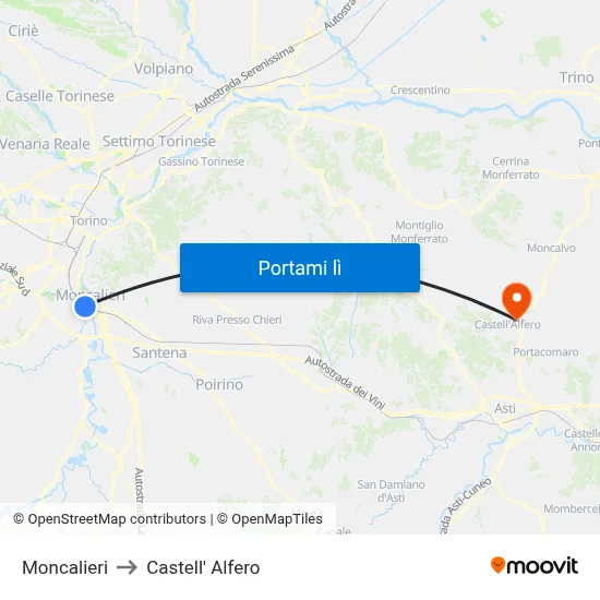 Moncalieri to Castell' Alfero map