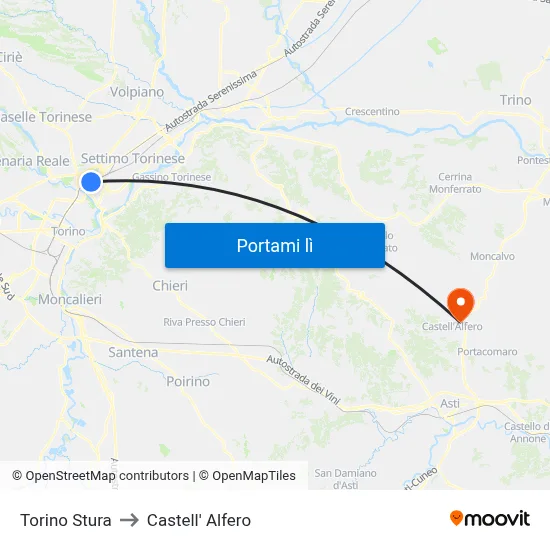 Torino Stura to Castell' Alfero map