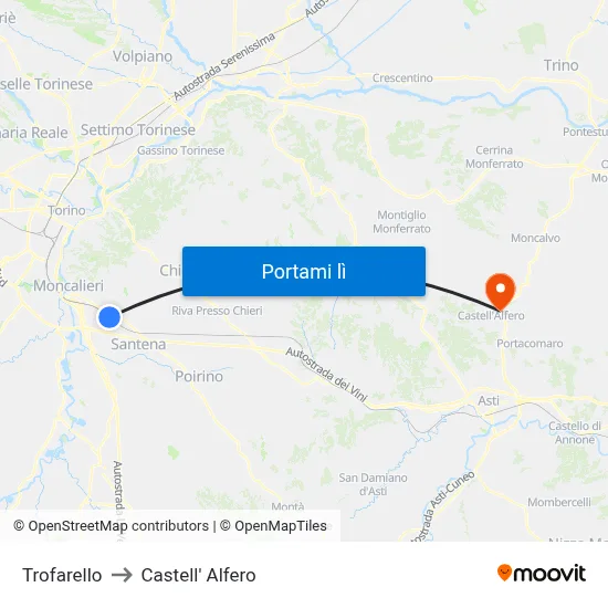 Trofarello to Castell' Alfero map
