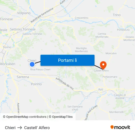 Chieri to Castell' Alfero map