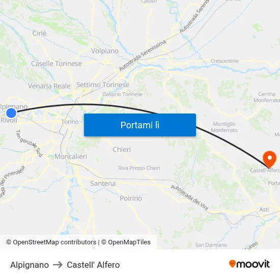 Alpignano to Castell' Alfero map