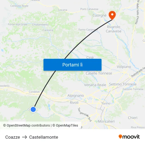 Coazze to Castellamonte map