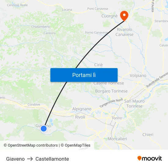 Giaveno to Castellamonte map