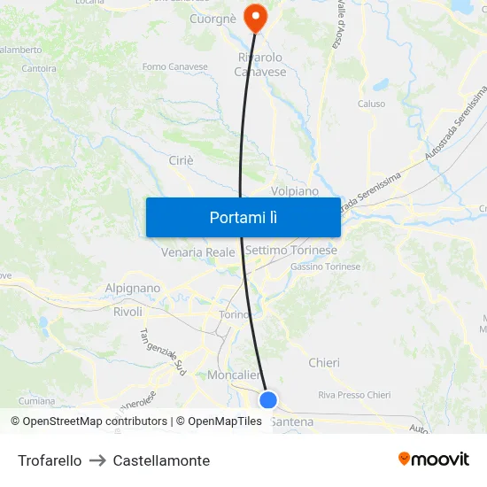 Trofarello to Castellamonte map