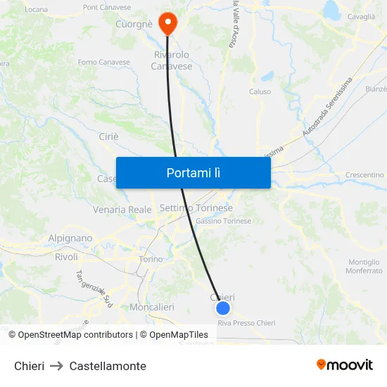Chieri to Castellamonte map