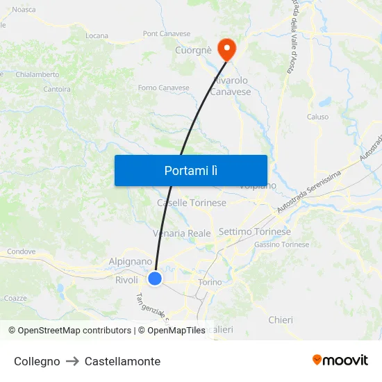 Collegno to Castellamonte map