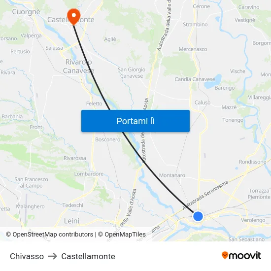 Chivasso to Castellamonte map