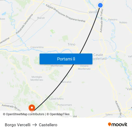 Borgo Vercelli to Castellero map