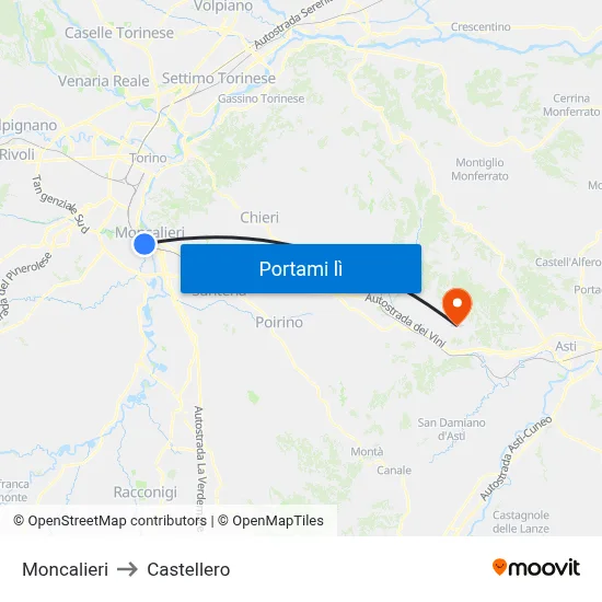 Moncalieri to Castellero map