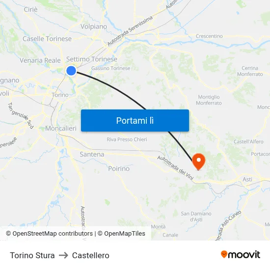 Torino Stura to Castellero map