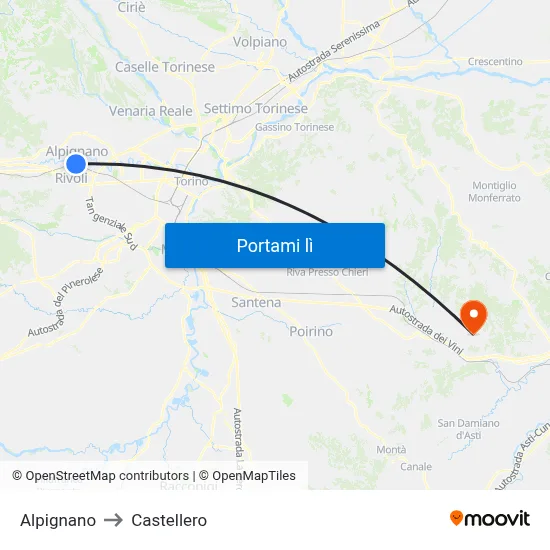 Alpignano to Castellero map