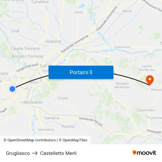 Grugliasco to Castelletto Merli map