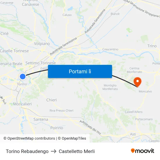 Torino Rebaudengo to Castelletto Merli map