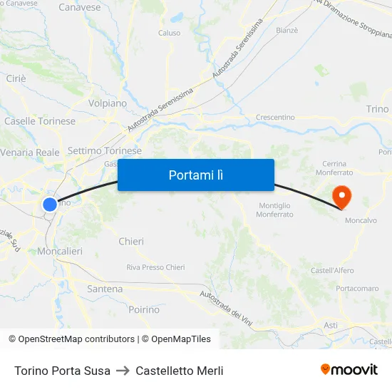 Torino Porta Susa to Castelletto Merli map