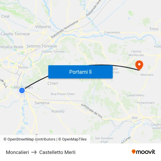 Moncalieri to Castelletto Merli map