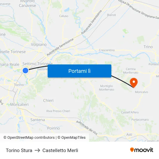 Torino Stura to Castelletto Merli map