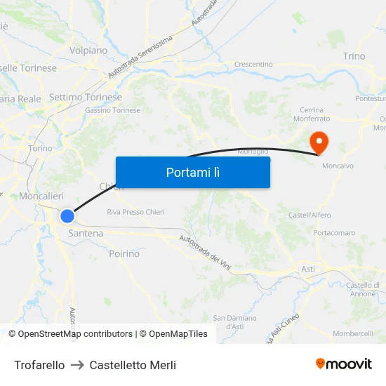 Trofarello to Castelletto Merli map