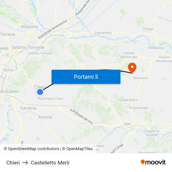 Chieri to Castelletto Merli map