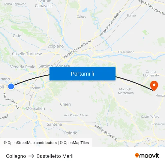 Collegno to Castelletto Merli map
