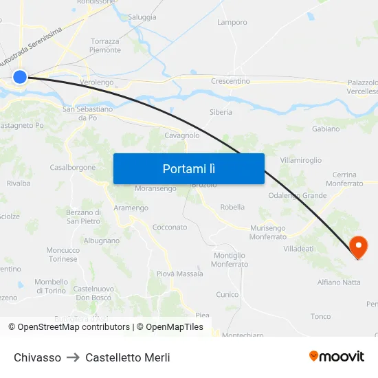 Chivasso to Castelletto Merli map