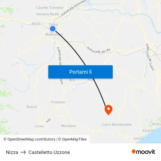 Nizza to Castelletto Uzzone map