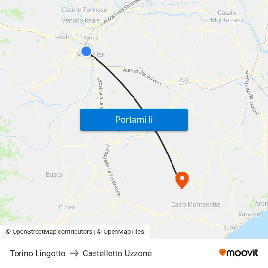 Torino Lingotto to Castelletto Uzzone map