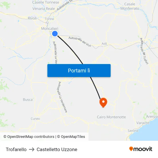 Trofarello to Castelletto Uzzone map