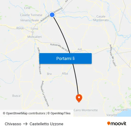 Chivasso to Castelletto Uzzone map